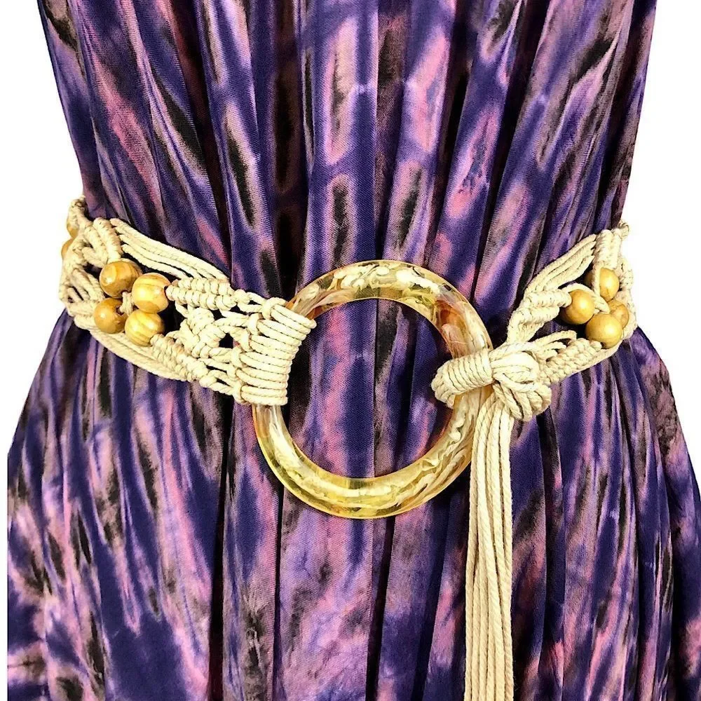 Vintage 70’s Macrame Bohemian Braided Rope Belt with Wood Beads